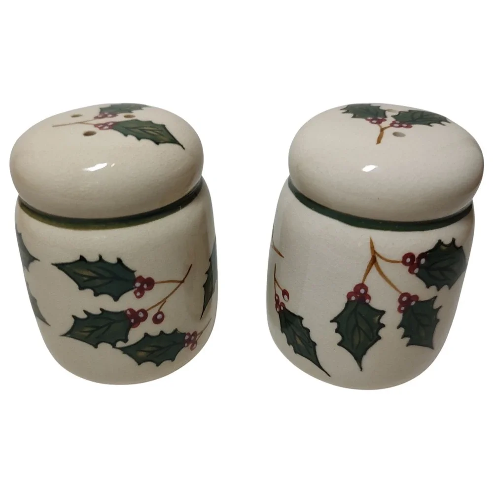 Vintage Ceramic Christmas Holly Salt and Pepper Shakers Red Green Holiday Season